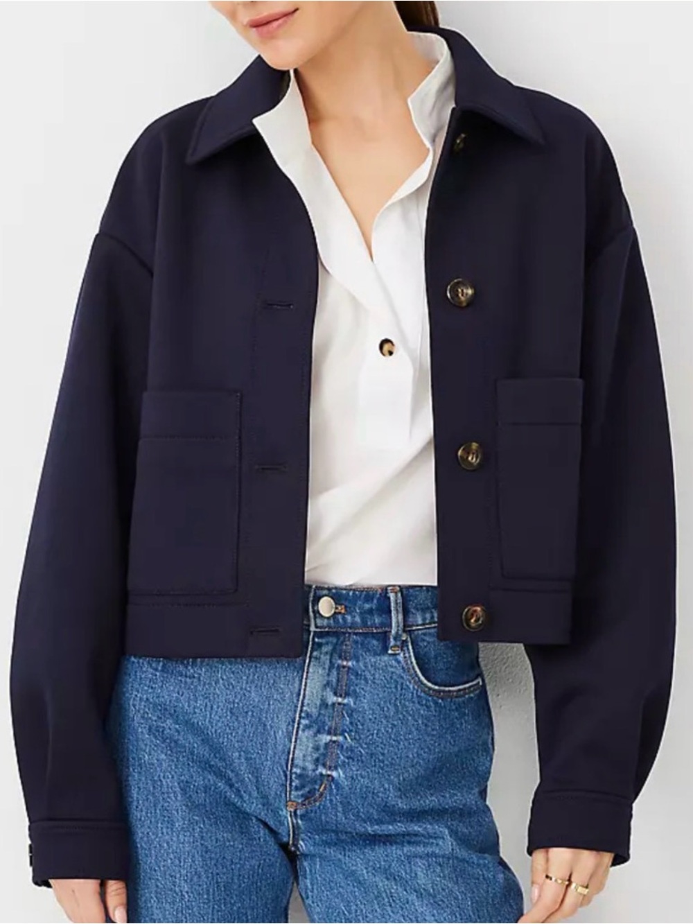 NEW ANN TAYLOR AT WEEKEND NIGHT SKY BLUE CROPPED SHIRT JACKET SZ L